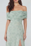 Stoffige salieprint chiffon A-lijn off-shoulder midi-jurk met split