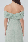 Stoffige salieprint chiffon A-lijn off-shoulder midi-jurk met split