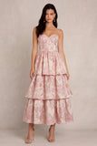 Blush Flower Jacquard gelaagde A-lijn korset strapless satijnen midi jurk