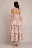 Blush Flower Jacquard gelaagde A-lijn korset strapless satijnen midi jurk