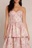 Blush Flower Jacquard gelaagde A-lijn korset strapless satijnen midi jurk