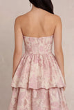 Blush Flower Jacquard gelaagde A-lijn korset strapless satijnen midi jurk
