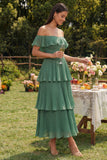 Eucalyptus chiffon gelaagde, geplooide A-lijn midijurk met de A-lijn