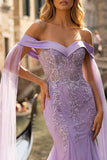 Off-the-shoulder lila zeemeermin geborduurde lange galajurk met split