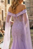 Off-the-shoulder lila zeemeermin geborduurde lange galajurk met split