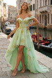 Off-the-shoulder lichtgroene korset A-lijn High-Low Galajurk met kralen