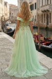 Off-the-shoulder lichtgroene korset A-lijn High-Low Galajurk met kralen