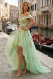 Off-the-shoulder lichtgroene korset A-lijn High-Low Galajurk met kralen