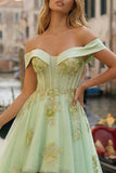 Off-the-shoulder lichtgroene korset A-lijn High-Low Galajurk met kralen