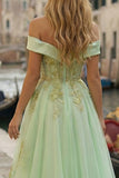Off-the-shoulder lichtgroene korset A-lijn High-Low Galajurk met kralen