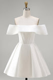 Witte satijnen korset met off-shoulder A-lijn korte trouwjurk