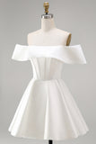 Witte satijnen korset met off-shoulder A-lijn korte trouwjurk
