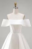Witte satijnen korset met off-shoulder A-lijn korte trouwjurk