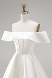 Witte satijnen korset met off-shoulder A-lijn korte trouwjurk