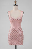 Roze, dikke bandjes, korset, bodycon homecomingjurk met pailletten