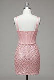 Roze, dikke bandjes, korset, bodycon homecomingjurk met pailletten
