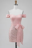 Off-the-shoulder roze bodycon pailletten homecomingjurk met riem