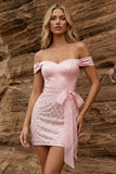 Off-the-shoulder roze bodycon pailletten homecomingjurk met riem