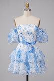 A-lijn blauwe off-the-shoulder bloemenjurk homecoming jurk