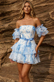 A-lijn blauwe off-the-shoulder bloemenjurk homecoming jurk