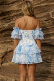A-lijn blauwe off-the-shoulder bloemenjurk homecoming jurk
