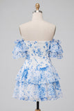 A-lijn blauwe off-the-shoulder bloemenjurk homecoming jurk