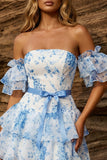 A-lijn blauwe off-the-shoulder bloemenjurk homecoming jurk