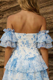 A-lijn blauwe off-the-shoulder bloemenjurk homecoming jurk