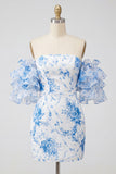 Blauwe Off The Shoulder Bloemen Bodycon Homecoming Jurk