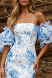Blauwe Off The Shoulder Bloemen Bodycon Homecoming Jurk