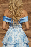 Blauwe A-lijn off-shoulder bloemen homecoming jurk met strik