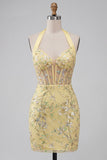 Geel doorschijnend korset, halter neck, bodycon bloemenjurk homecoming met pailletten