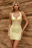 Geel doorschijnend korset, halter neck, bodycon bloemenjurk homecoming met pailletten