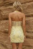 Geel doorschijnend korset, halter neck, bodycon bloemenjurk homecoming met pailletten