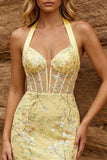 Geel doorschijnend korset, halter neck, bodycon bloemenjurk homecoming met pailletten