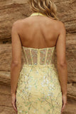 Geel doorschijnend korset, halter neck, bodycon bloemenjurk homecoming met pailletten