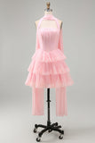 Roze strapless A-lijn korset met gelaagde ruches korte homecomingjurk