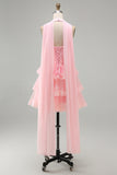 Roze strapless A-lijn korset met gelaagde ruches korte homecomingjurk