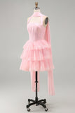 Roze strapless A-lijn korset met gelaagde ruches korte homecomingjurk