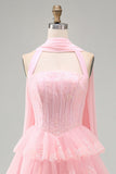 Roze strapless A-lijn korset met gelaagde ruches korte homecomingjurk