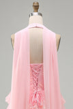 Roze strapless A-lijn korset met gelaagde ruches korte homecomingjurk