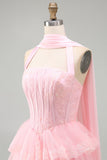 Roze strapless A-lijn korset met gelaagde ruches korte homecomingjurk