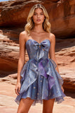 Stoffy Blue Sweetheart A-Line Homecoming jurk met ruches