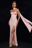 Roze borduursel strapless korsetschede lange avondjurk met split