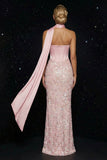 Roze borduursel strapless korsetschede lange avondjurk met split
