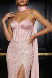 Roze borduursel strapless korsetschede lange avondjurk met split