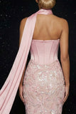 Roze borduursel strapless korsetschede lange avondjurk met split