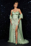 Groene strapless korset zeemeermin borduurjurk avondjurk met split