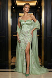 Groene strapless korset zeemeermin borduurjurk avondjurk met split