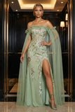 Groene gerimpelde strapless borduurkorset Zeemeermin avondjurk met split